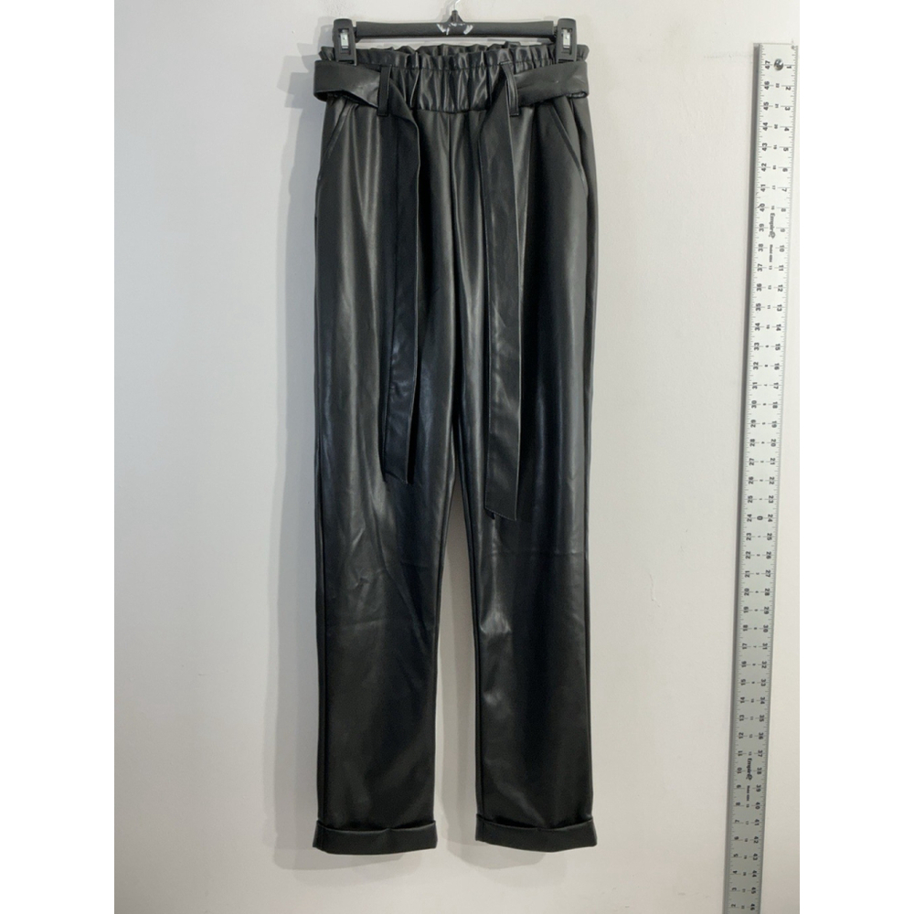 Womans So Good For Life Faux Leather Pants Small Black Elastic Belted Tie Waist